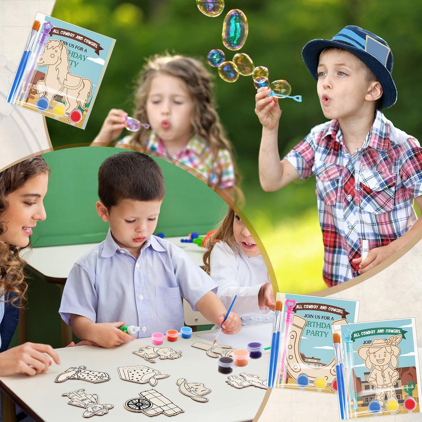 VioraWhite 24-Piece Western Cowboy Wooden Painting Kit — Party Favors & Bubble Wands
