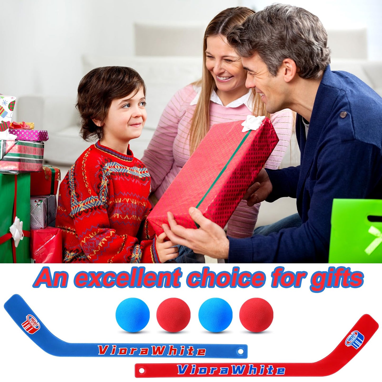 VioraWhite 8-Pc Mini Knee Hockey Set | 4 Sticks + 4 Foam Balls for Indoor Play (Red/Blue)
