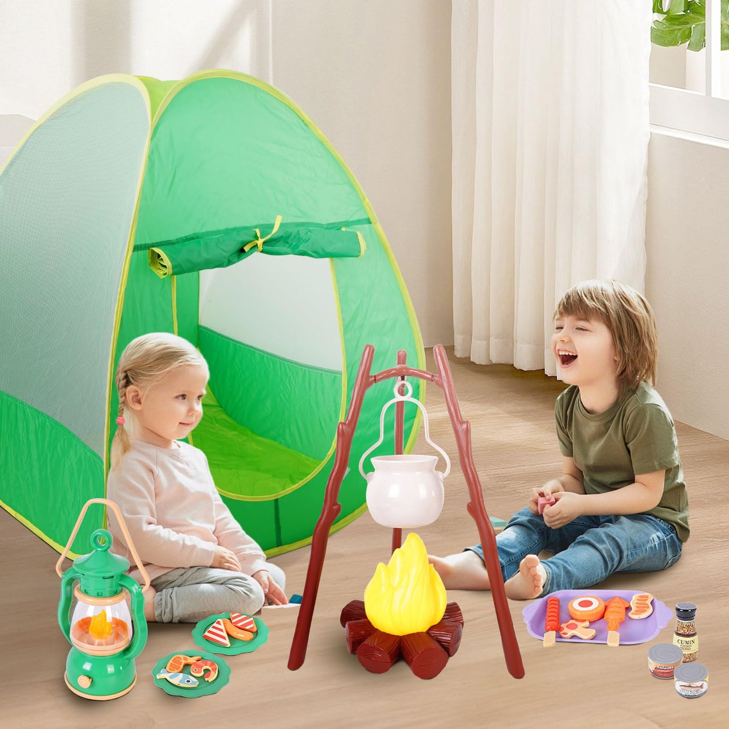 Viwulute Camping Set Toys with Pop Up Play Tent – Indoor/Outdoor Pretend Camping for Kids 3-7