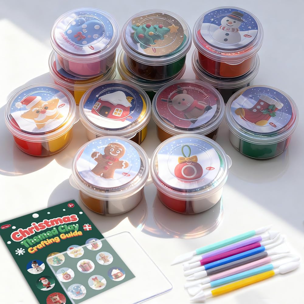 VKTEN Christmas Air-Dry Clay Kit — 12 Cups, 4 Colors Each, Holiday Tutorials