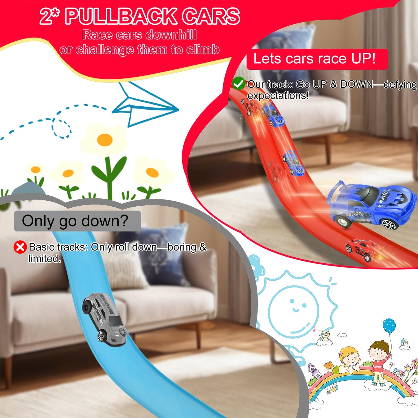 Vlkslasy Flexible Race Track Toys — 20 ft Roll-Up DIY Racetrack with Suction Cups and 4 Cars