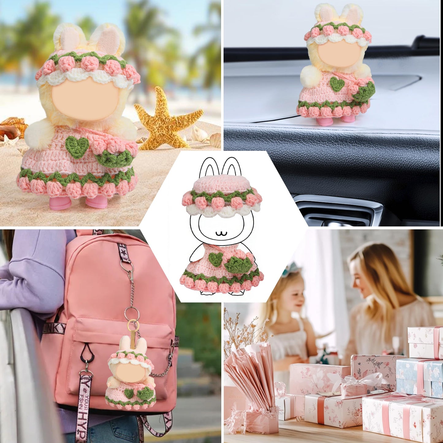 Voccim Handmade Crochet 17cm Doll Clothes – 3-Piece Set with Hats & Bag (Pink)