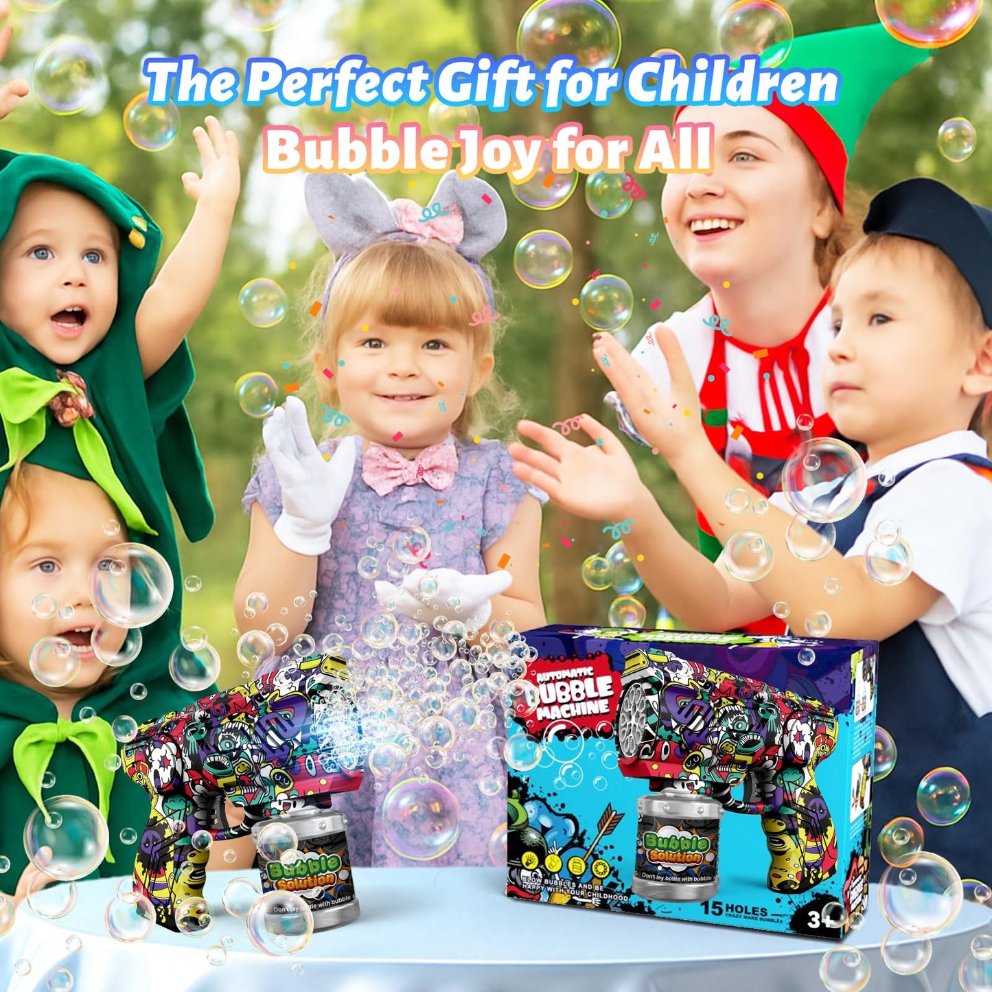 VORBLIX Bubble Gun with LED Lights - 10-Hole Auto Bubble Machine for Kids 3-8