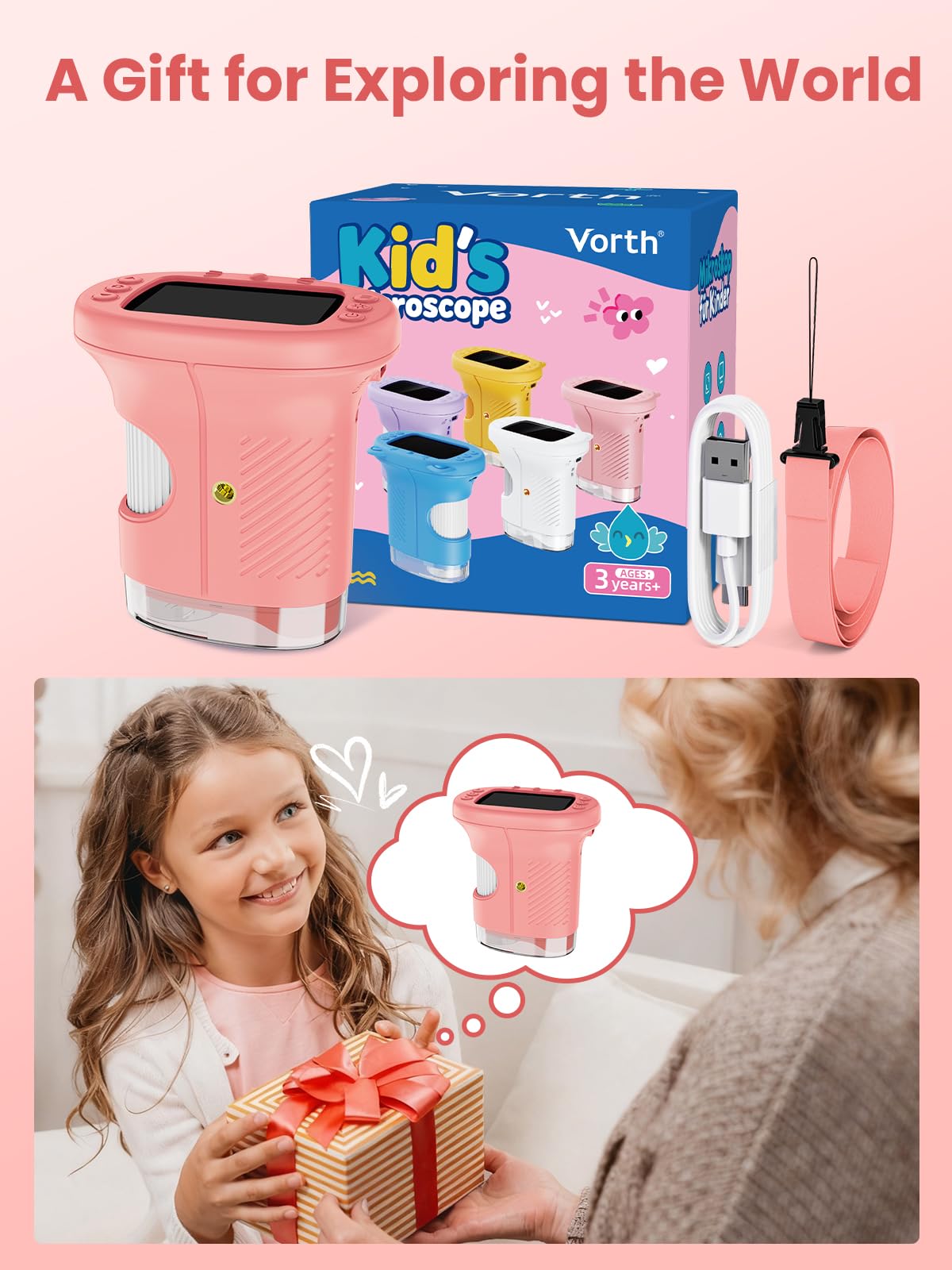 Vorth Kids Microscope | 2.4-Inch Digital Scope, 1000X Magnification, Pink