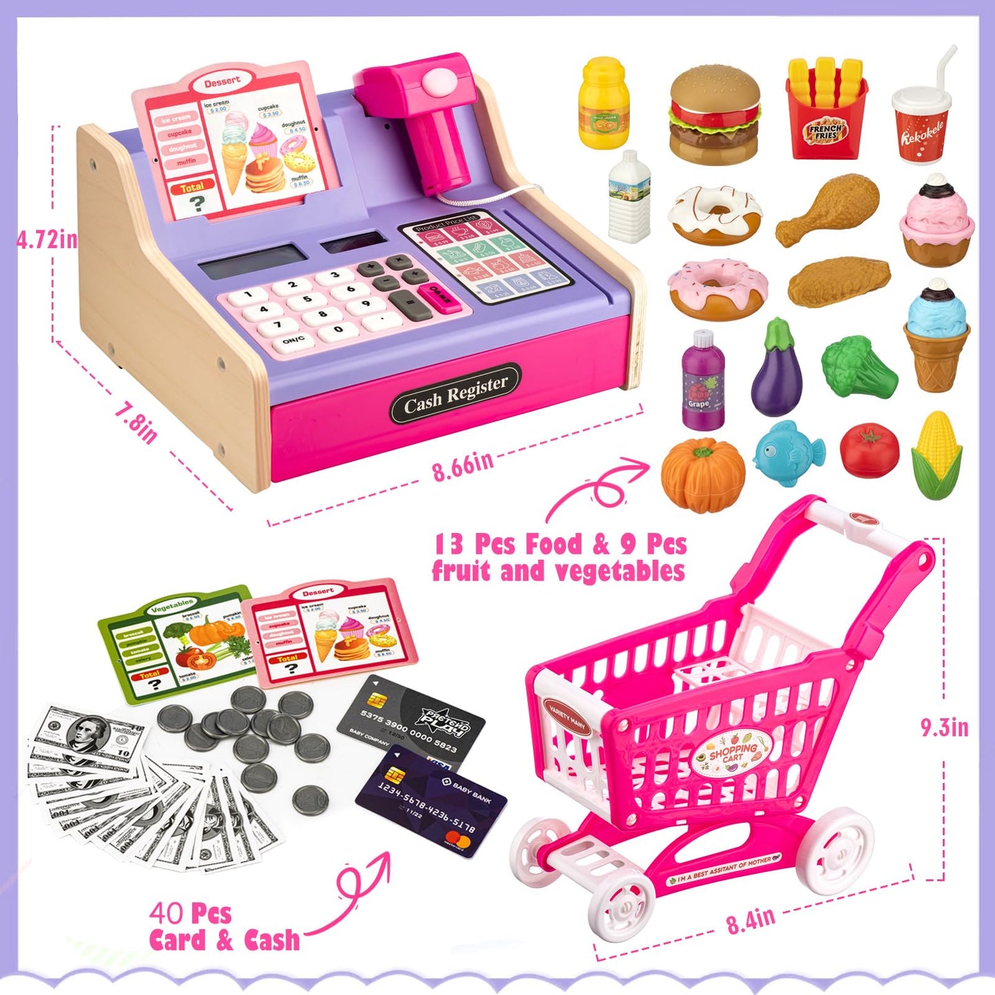 VROGTIK Wooden Cash Register with Shopping Cart – Rechargeable Pretend Play Toy