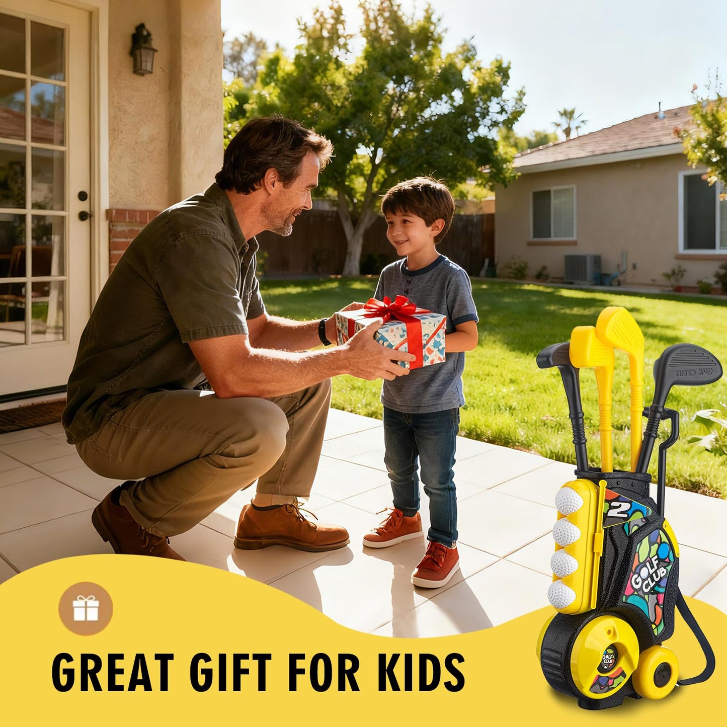 VROGTIK Toddler Golf Set with Cart – 4 Upgraded Handle Clubs & 47.2-inch Putting Mat