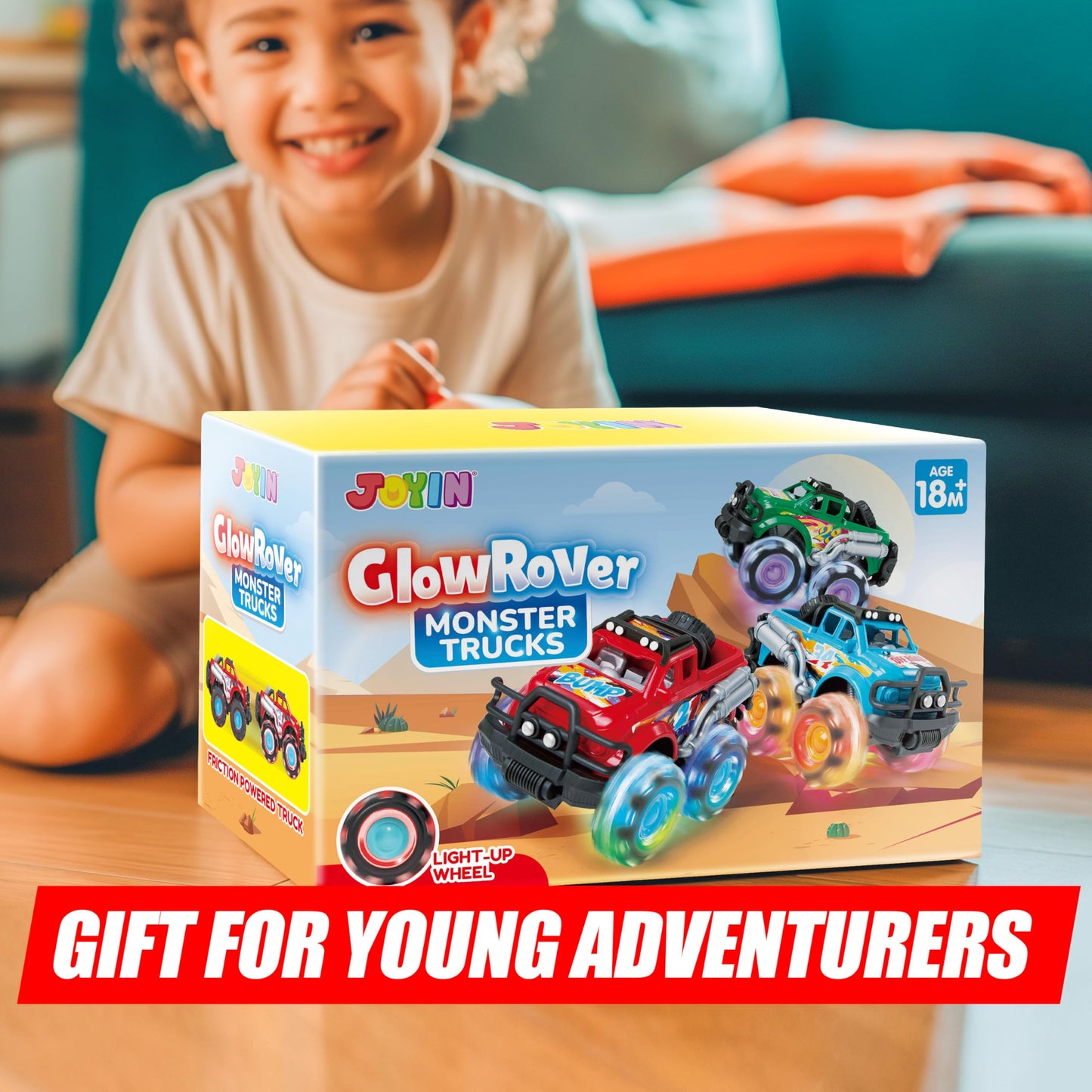 Vroomix GlowRover 3Pack Monster Trucks – LED Wheel Light-Up Toys for Toddlers