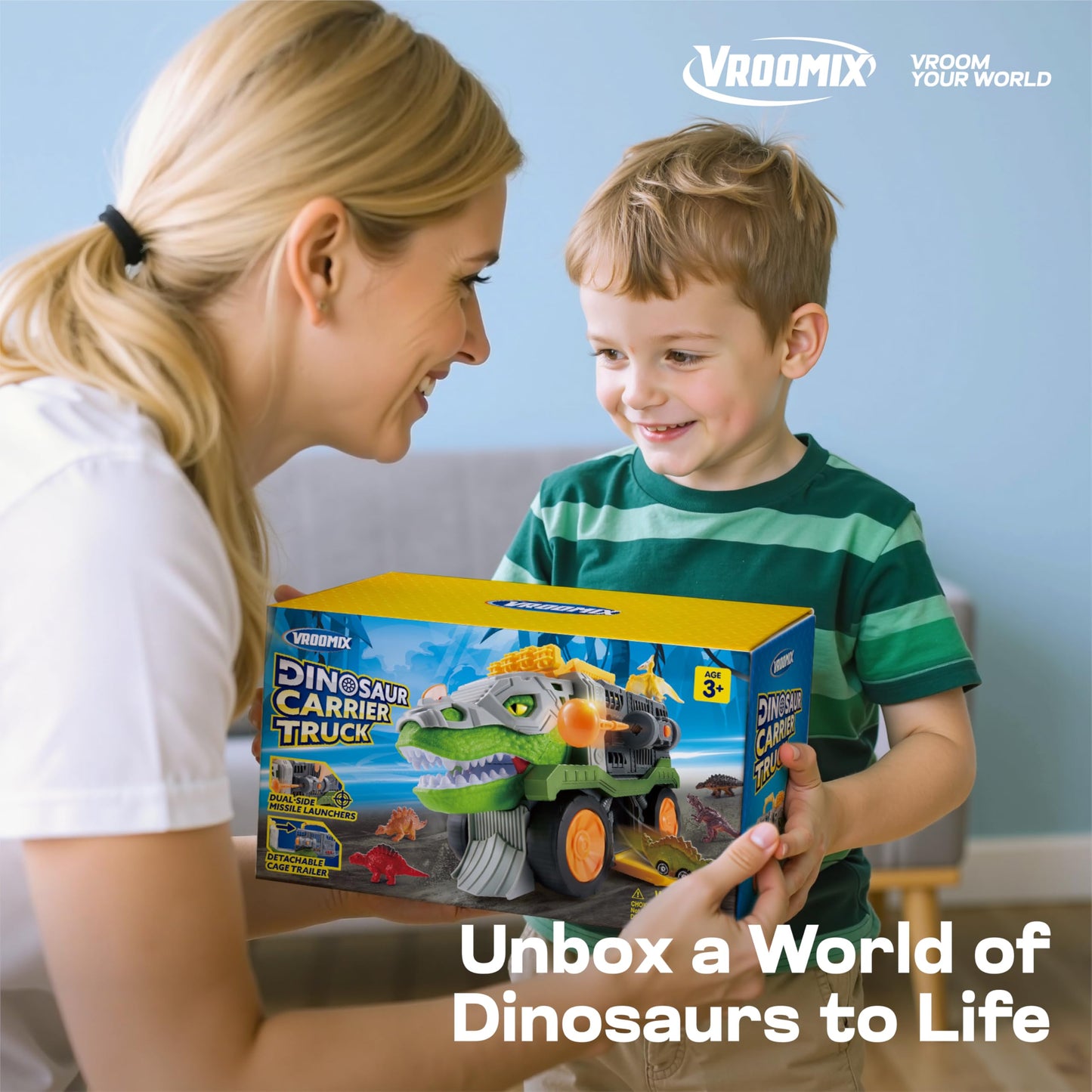 Vroomix JOVA 9-in-1 Dinosaur Transport Truck for Kids 3-5 | 2 Cars, 6 Figures, Launcher