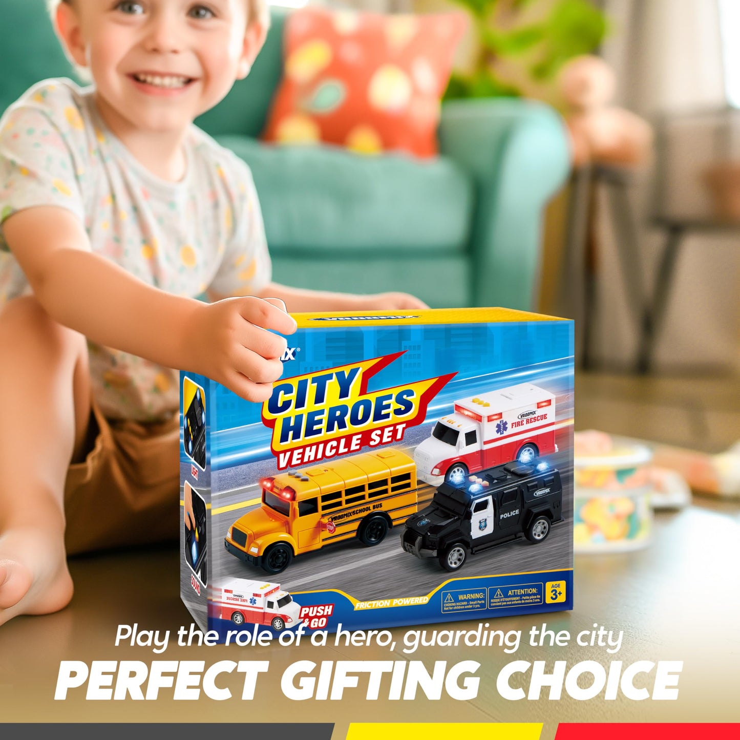 Vroomix Jova Emergency & School Vehicle Toy Set – Friction-Powered Cars with Lights & Sounds