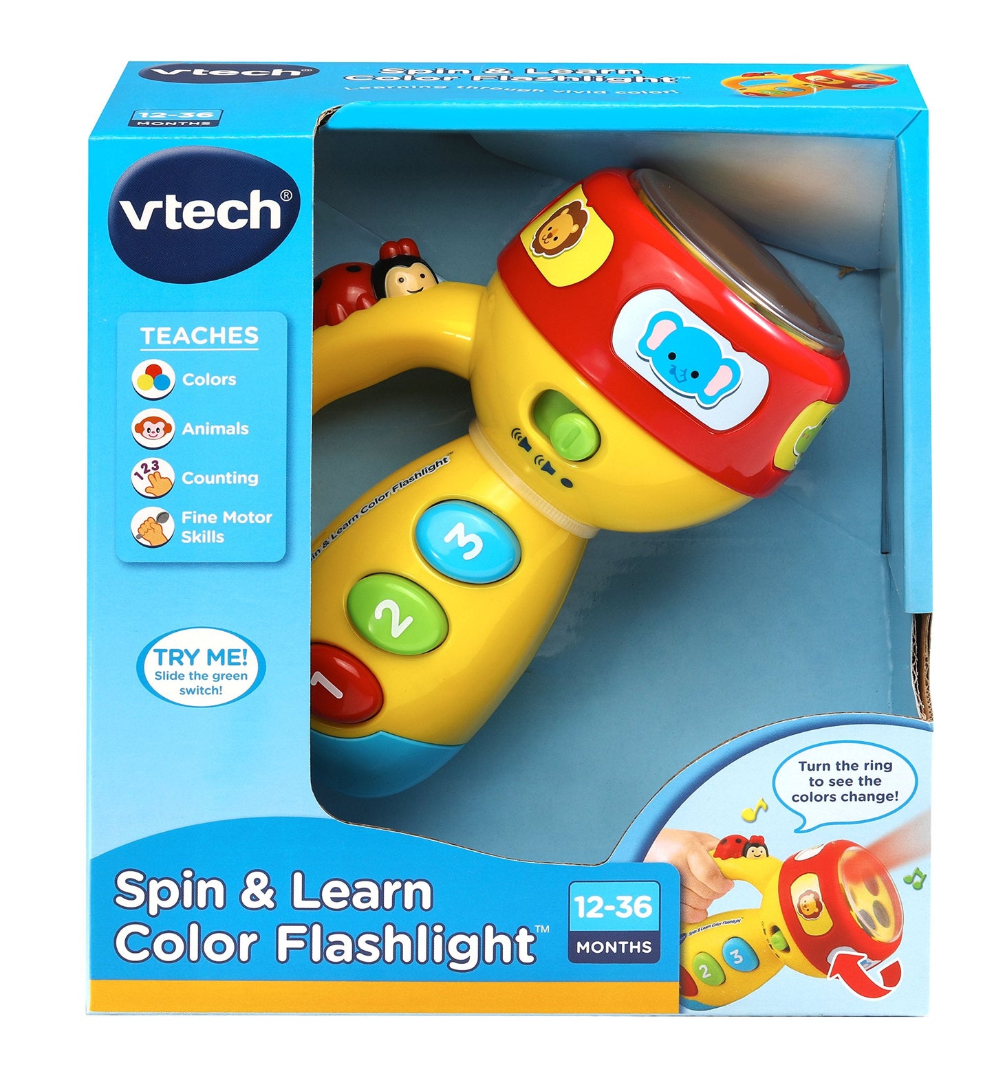 VTech Spin and Learn Color Flashlight – Colorful Lights, Animal Sounds & Numbers for Toddlers