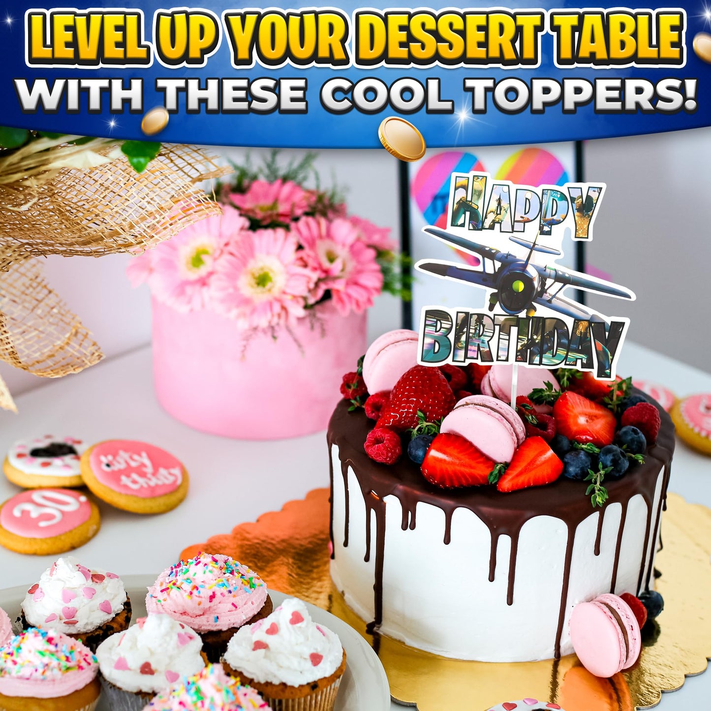 V TOWER Video Game Cake Topper with 7 Action Figures & Large Logo | Sturdy Cardboard Decorations