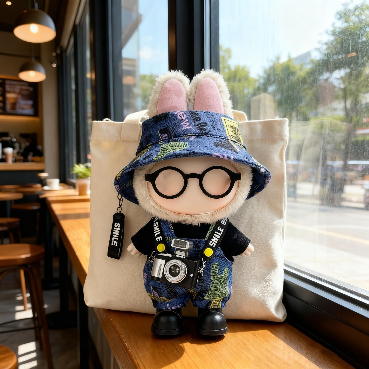 VVQUI 17cm Doll Clothes 6-Piece Set Graffiti Blue Hat Overalls Shirt Camera Glasses Shoes