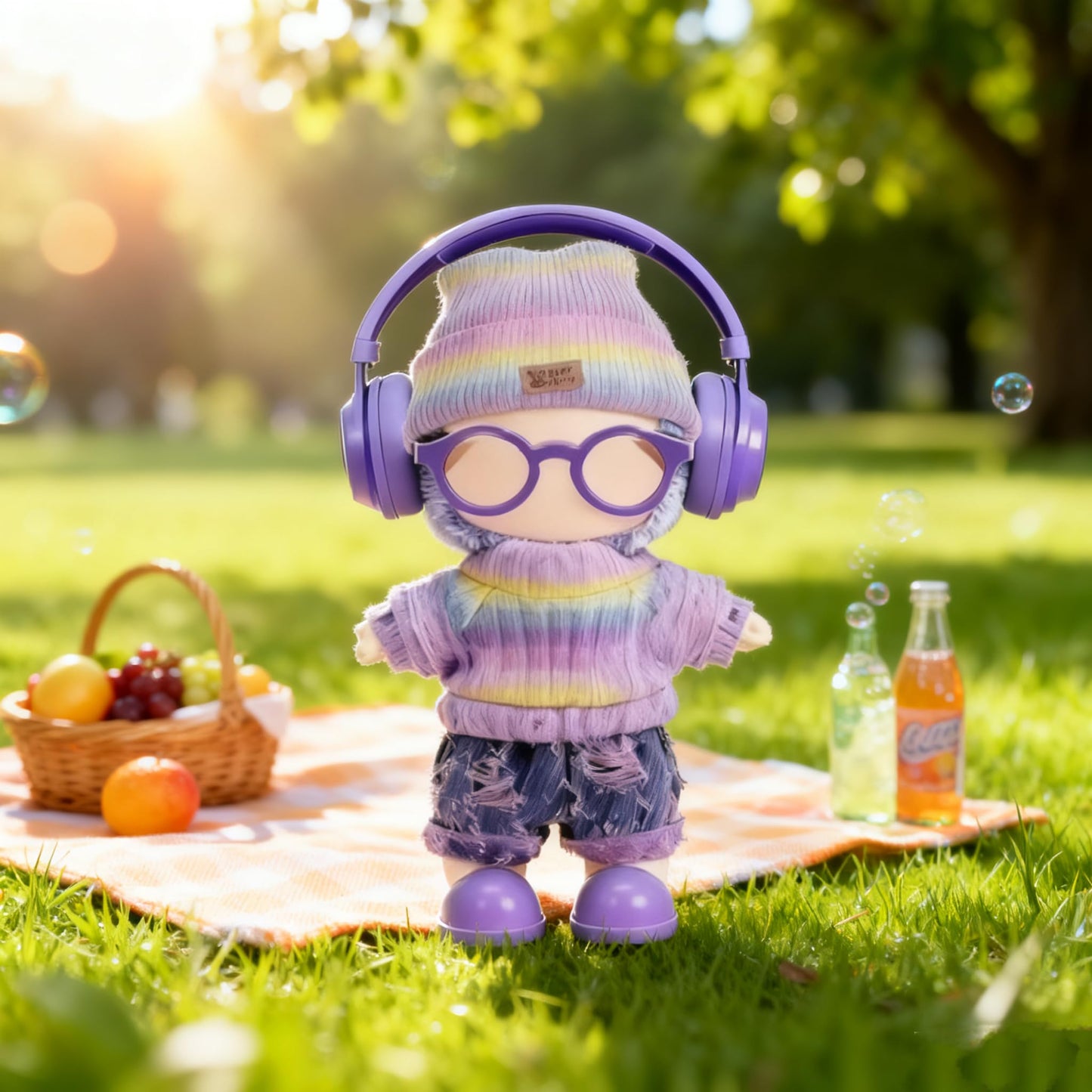 VVQUI 17cm Handcrafted Doll Clothes – 6-Piece Rainbow Outfit Set (Hat, Sweaters, Skirt, Headphones, Glasses, Shoes)
