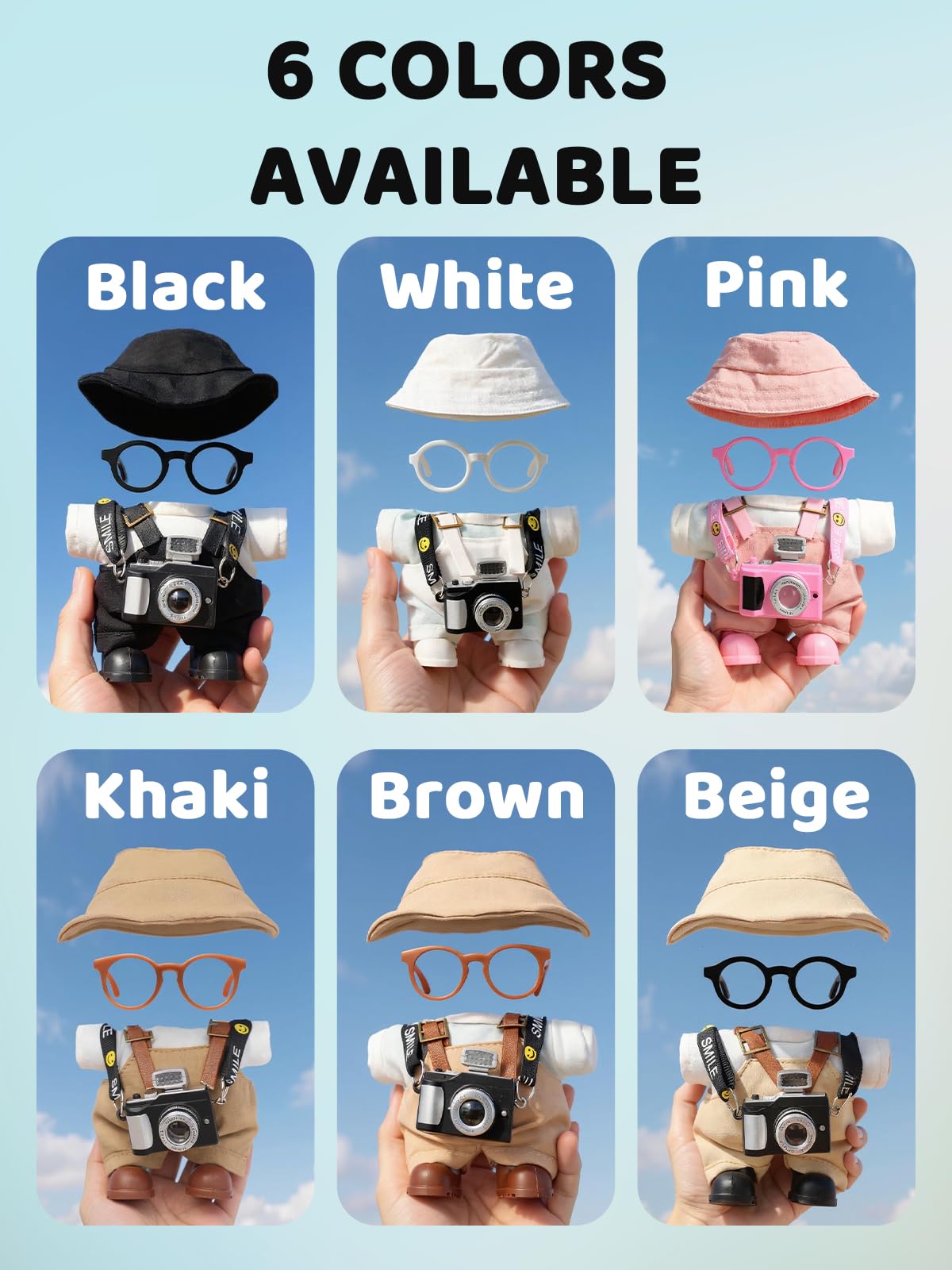 VVQUI 17cm Doll Clothes Set – Hat, Overalls, Shirt, Shoes, Glasses & Camera (White)