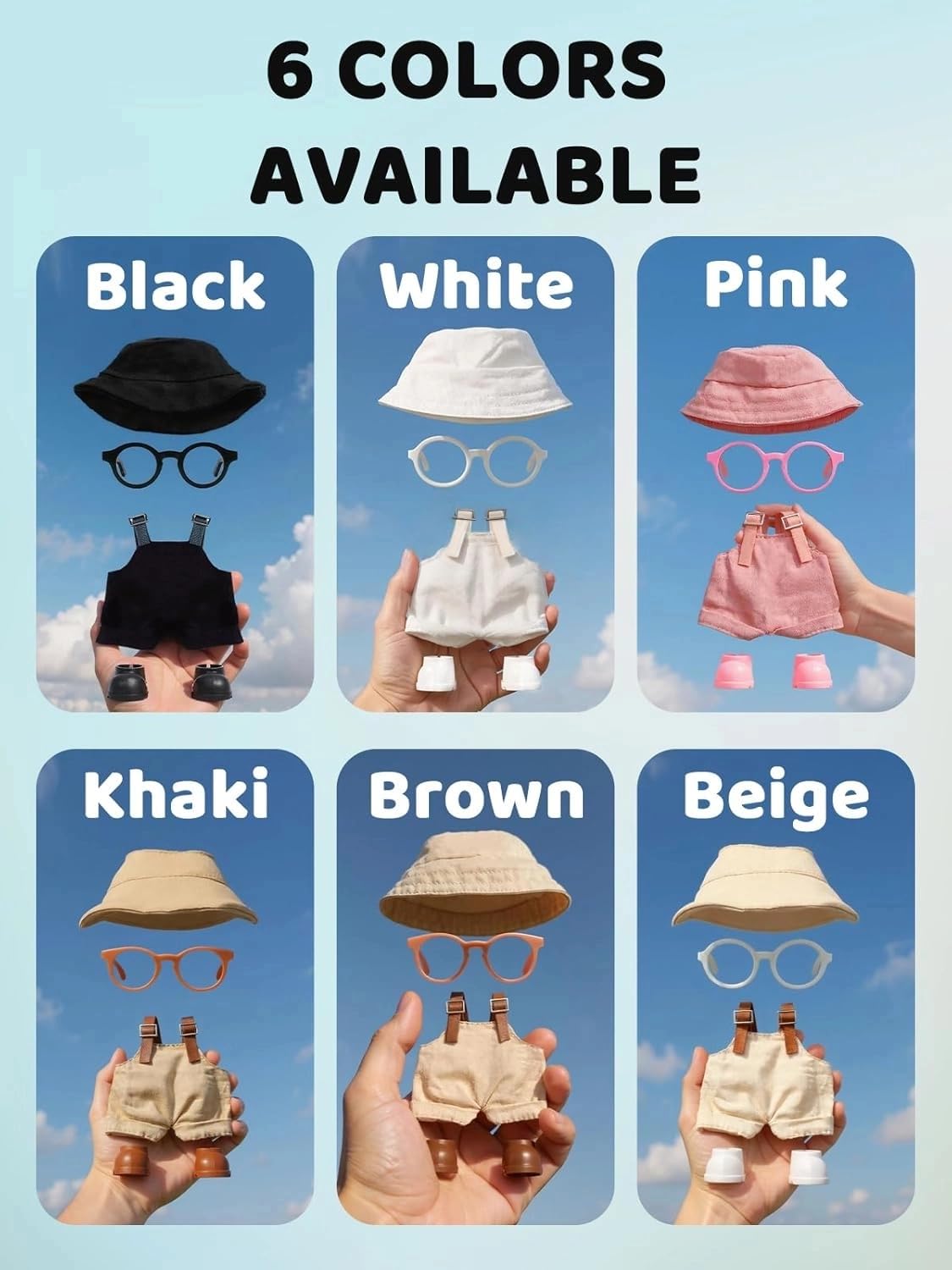 VVQUI 2-Piece Doll Clothes Set for 17cm Dolls – 2 Hats, 2 Overalls, 2 Shoes & 2 Glasses (Black & White) (Doll Not Included)