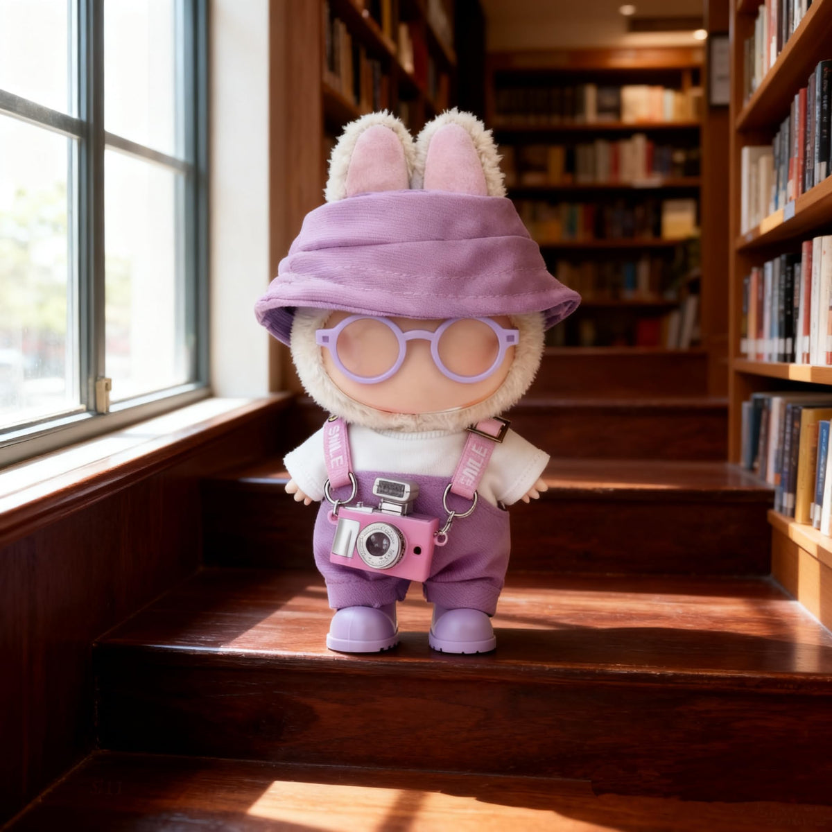 VVQUI Labubu 17cm Doll Clothes Set – 6-Piece Purple Outfit with Hat, Overalls, Shirt, Camera, Glasses, Shoes