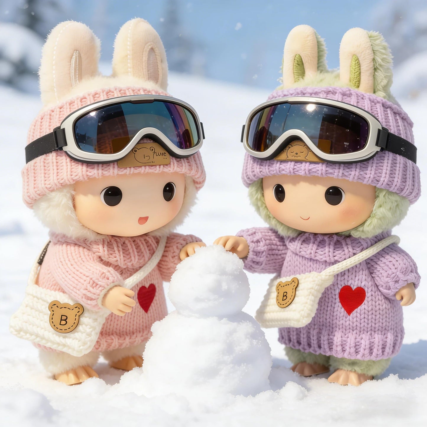 VVQUI Labubu 17cm Doll Clothes – 2 Pack, 6-Piece Handcrafted Crochet Outfit Set (Heart Sweater, Hat & Bag)