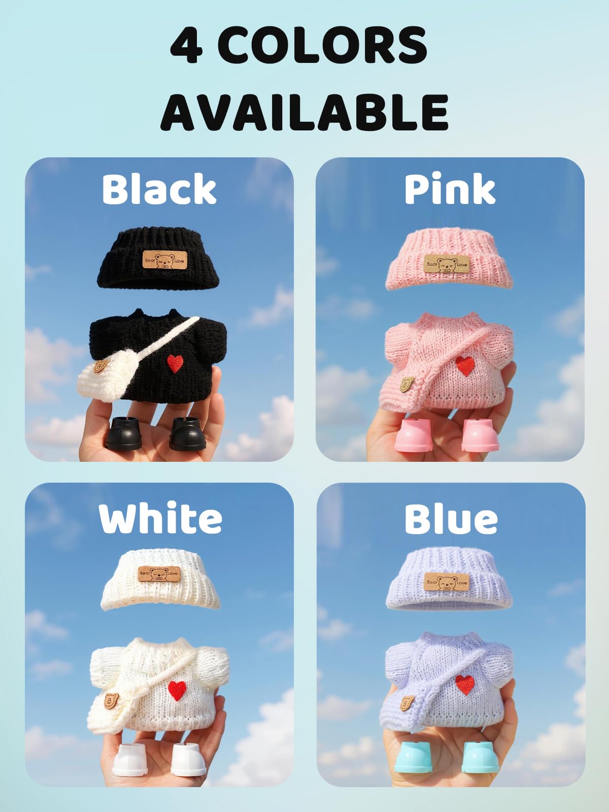 VVQUI 4-Piece Crochet Doll Clothes Set for 17cm Dolls – Hat, Dress, Backpack & Shoes