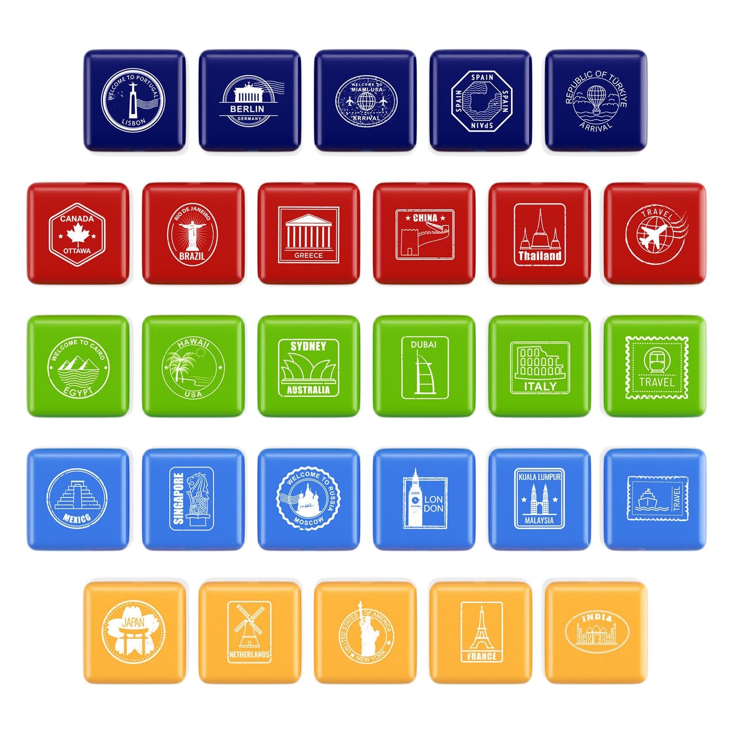 WAHXIAOSW 28-Piece Passport Stamp Set for Kids – City & Country Stamps with Storage Box