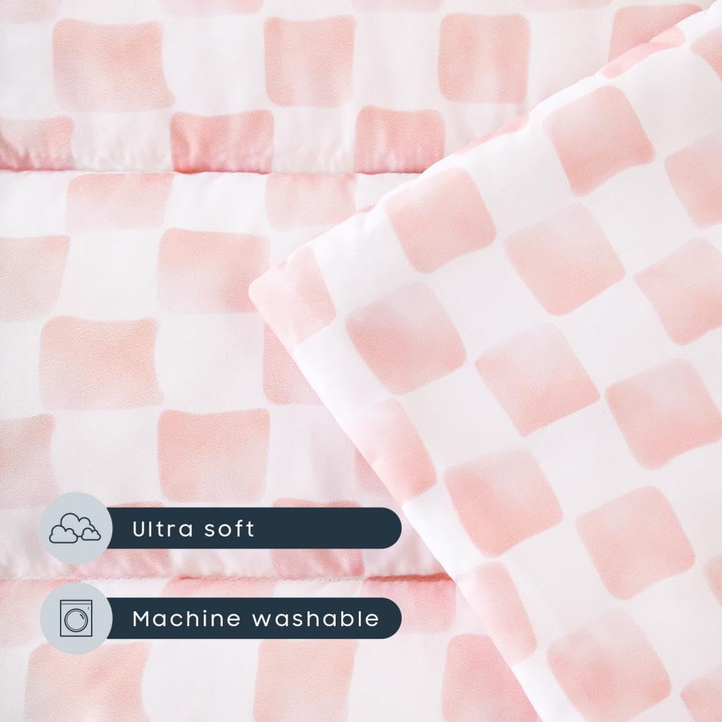 Wake In Cloud Toddler Nap Mat with Pillow & Blanket – Checkered Pink & White, 50x20 in (3+)