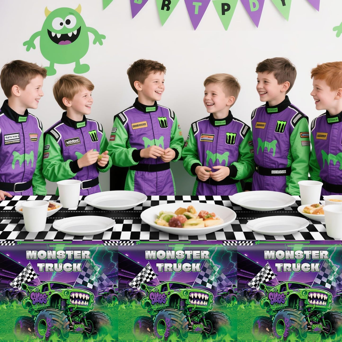 Wakeys 3-Pack Monster Truck Tablecloths – 54x108in, Purple/Green Glitter, Waterproof & Disposable