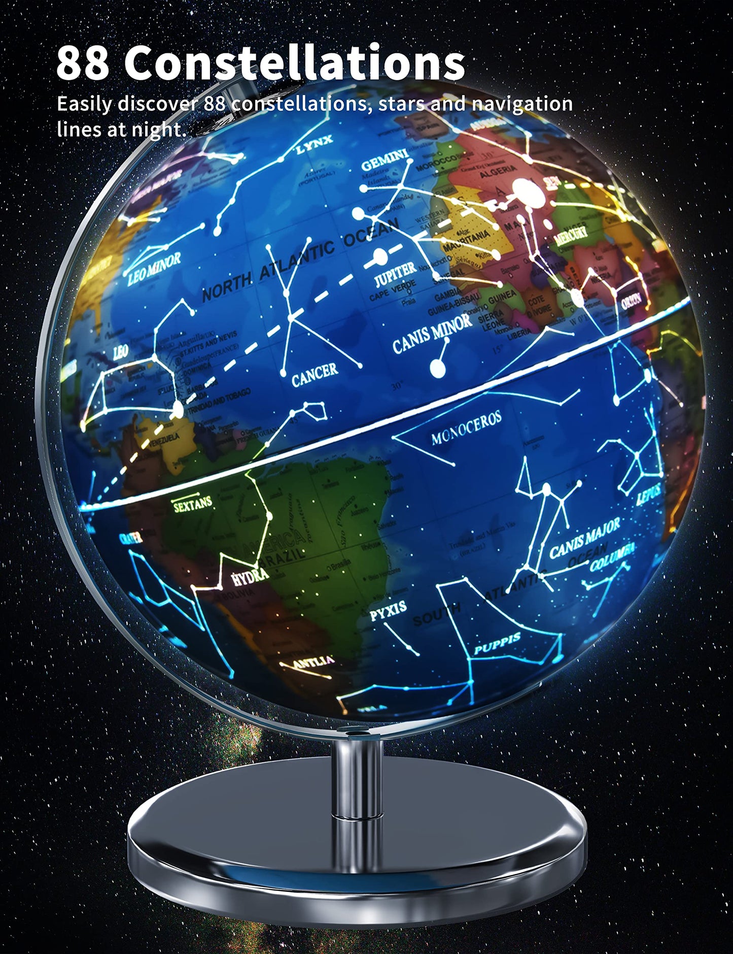 Waldauge Illuminated 9-Inch World Globe with Stand – LED Constellation & HD Map
