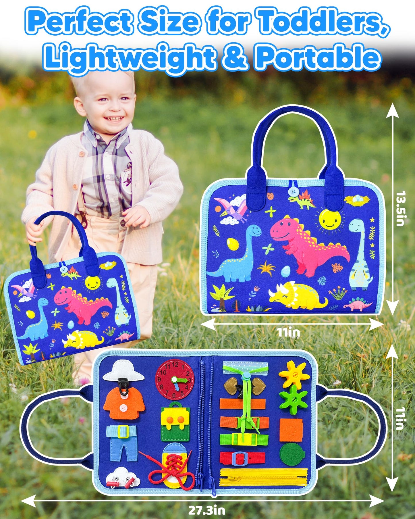 Walenty Busy Board: Montessori Toddler Toy – 8 Page Blue Dinosaur