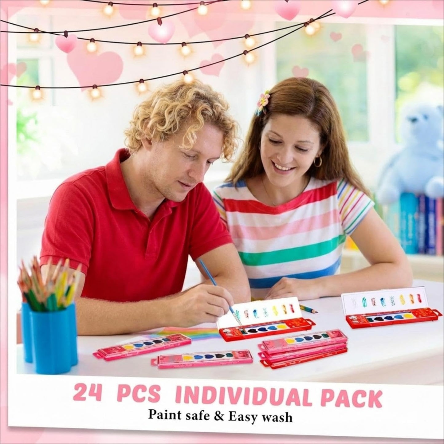 Watersay 36-Pack Valentine’s Heart Watercolor Set with 8 Washable Colors & Brush