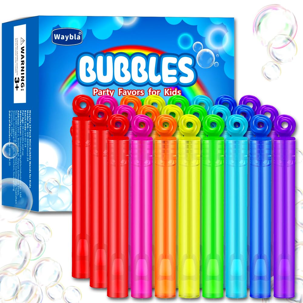 Waybla 24 Pack Bubble Party Favors – Mini Donut-Design Bubble Wands, 8 Colors