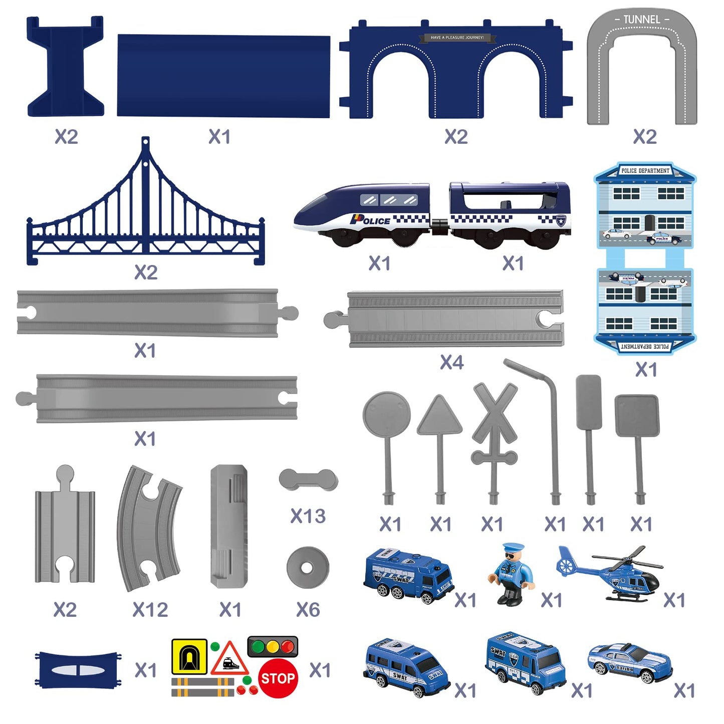Wdmiya 66-Piece Police Train Set with Battery Engine & Magnetic Tracks – Brio/Thomas Compatible