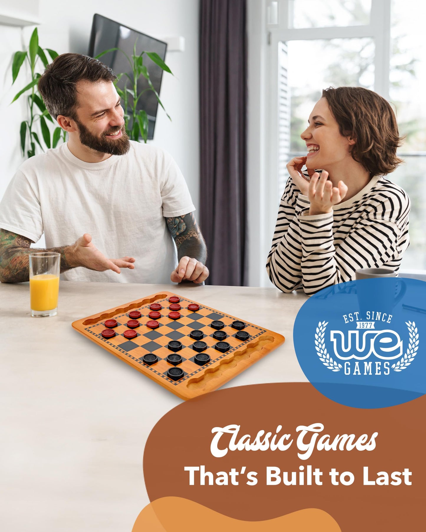 WE Games Solid Wood Checkers Board – 14.5-Inch Vintage Set with 24 Red and Black Pieces