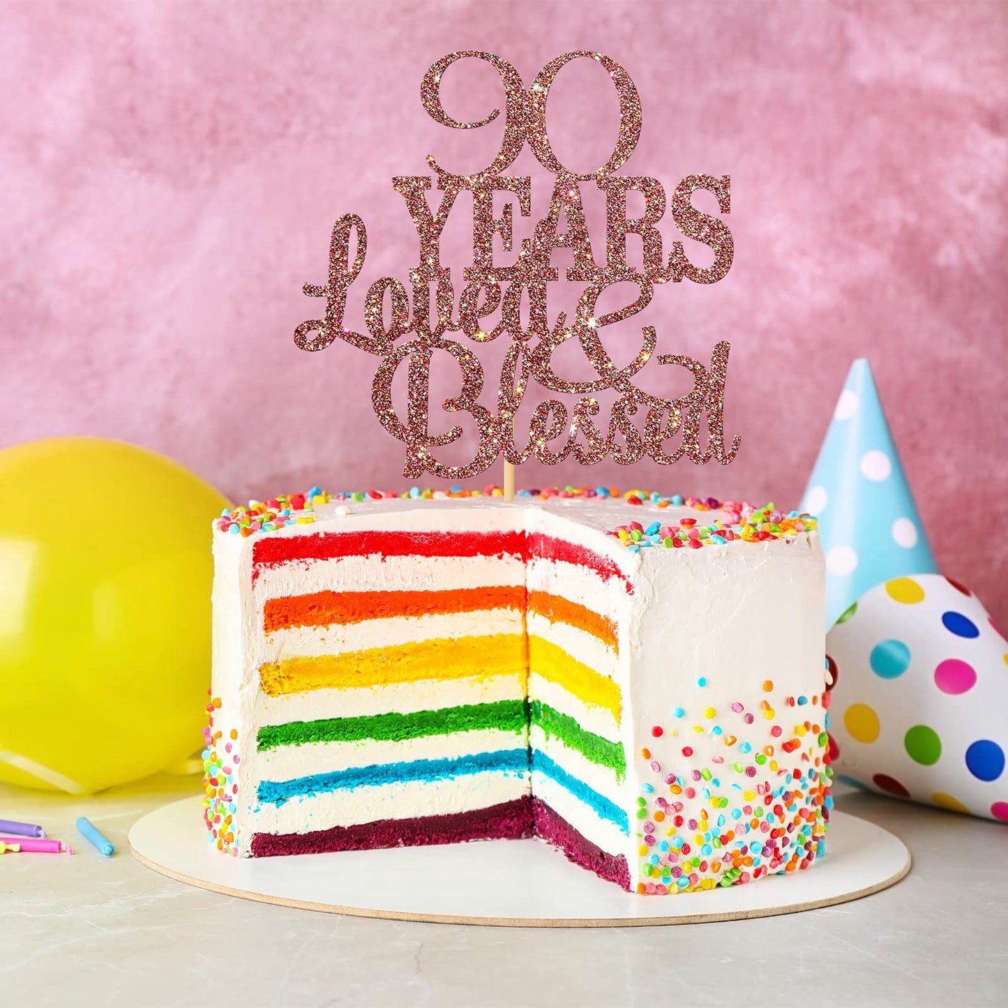 WeBenison 90th Birthday Cake Topper – Blessed & Loved, Rose Gold Glitter
