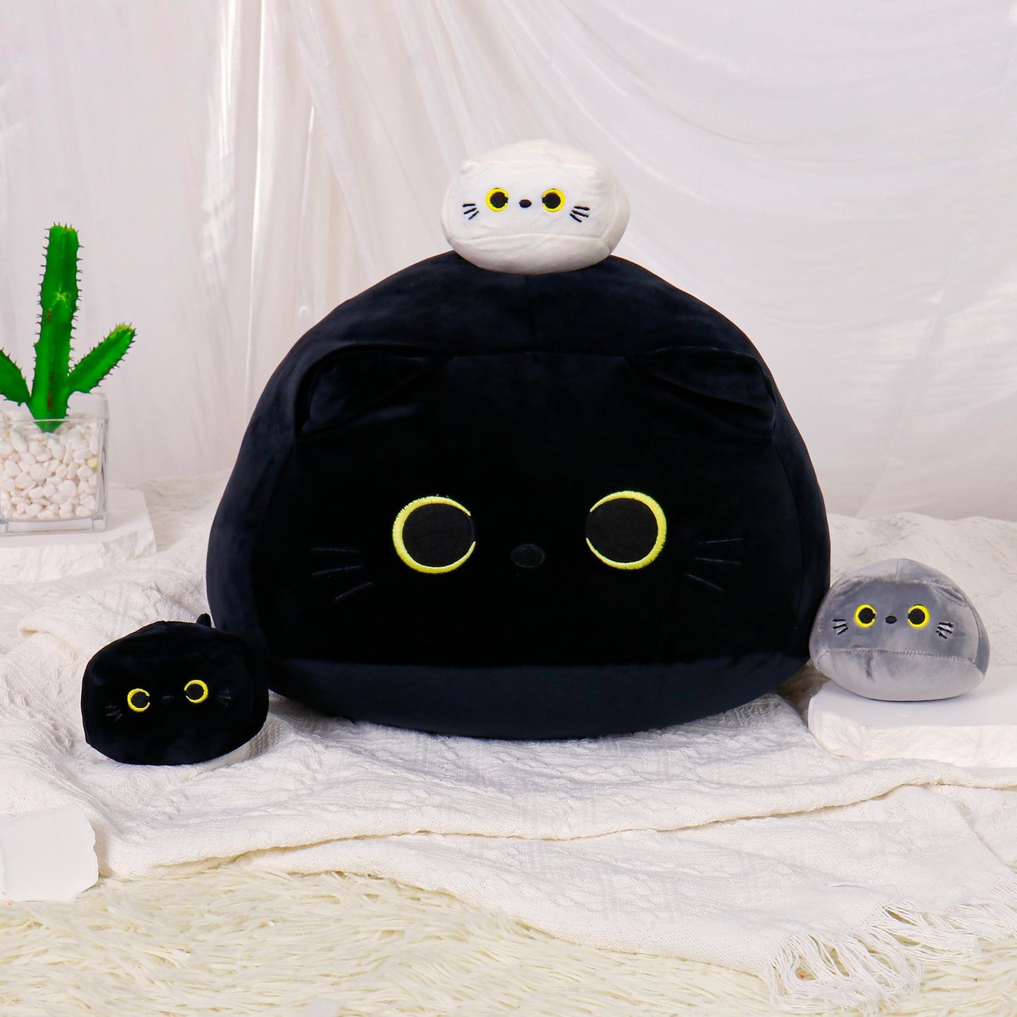 WeBingo Black Cat Plush Toy 4-Piece Set – 16-Inch Giant Cat Stuffed Animals with 3 Babies