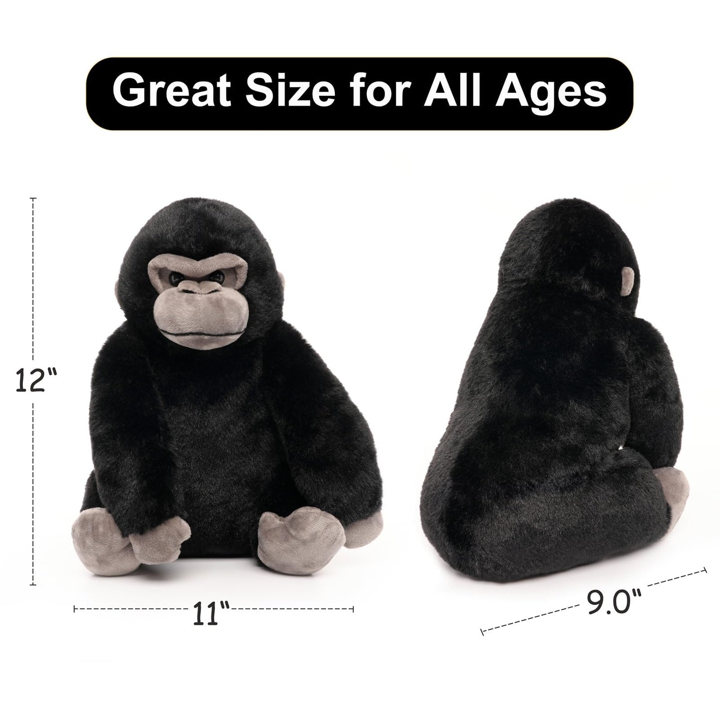 WEIGEDU Black Gorilla Stuffed Animal – 12-Inch Plush Toy for Kids, Playtime & Decor