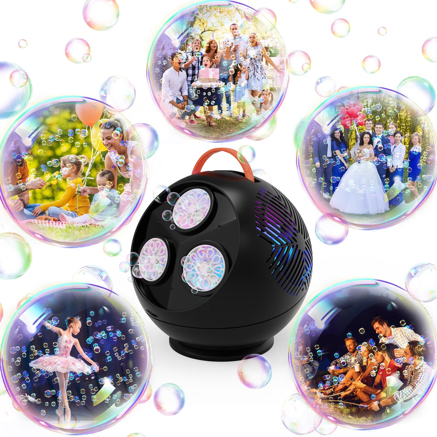 Weilim Bubble Machine — Spherical Black Automatic Bubble Blower with 360° Rotation and LED Lights