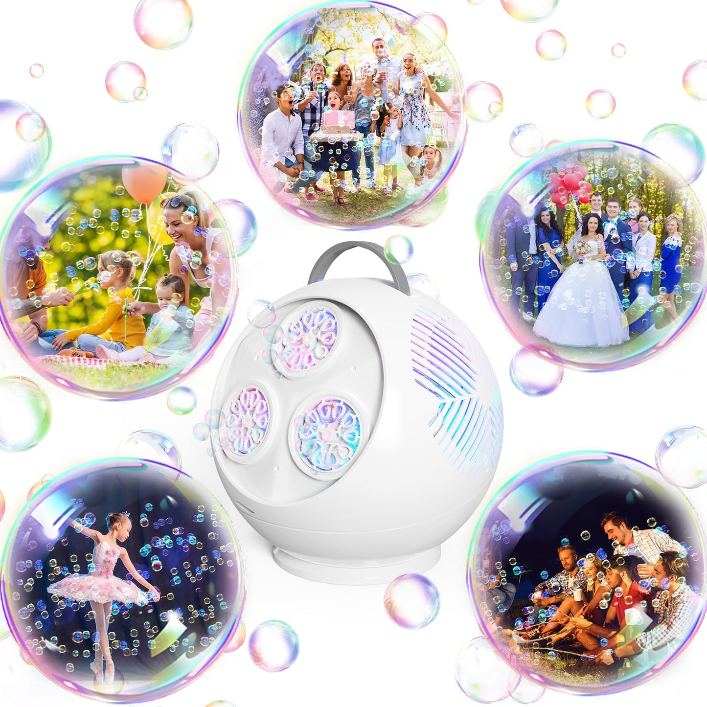 Weilim Bubble Machine: Automatic 360° LED Bubble Blower with 45° Tilt, Rechargeable & Portable