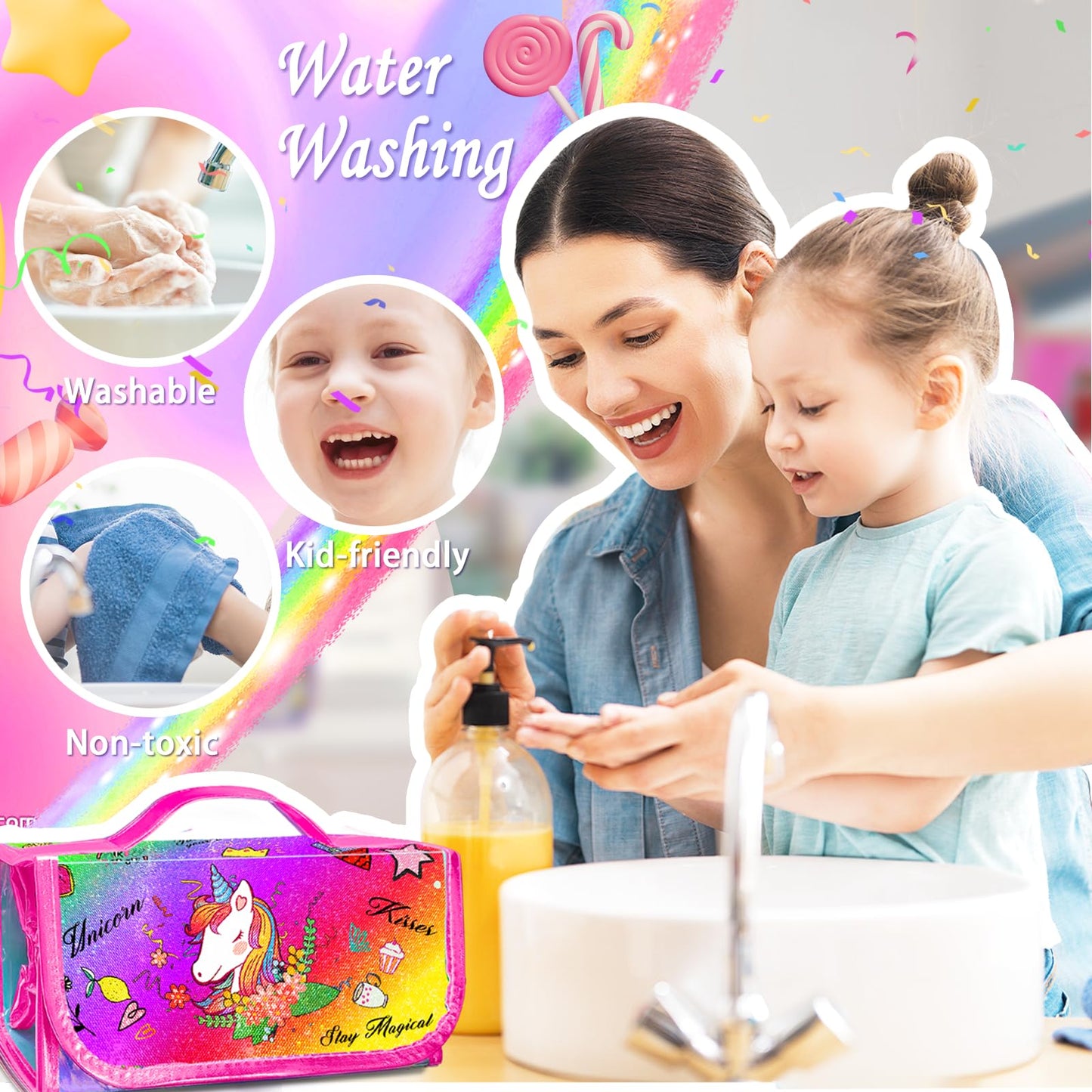 weirtoya 56 PCS Washable Scented Markers with Glitter Pencil Case – Mermaid Unicorn Arts & Crafts Kit for Kids 4-8