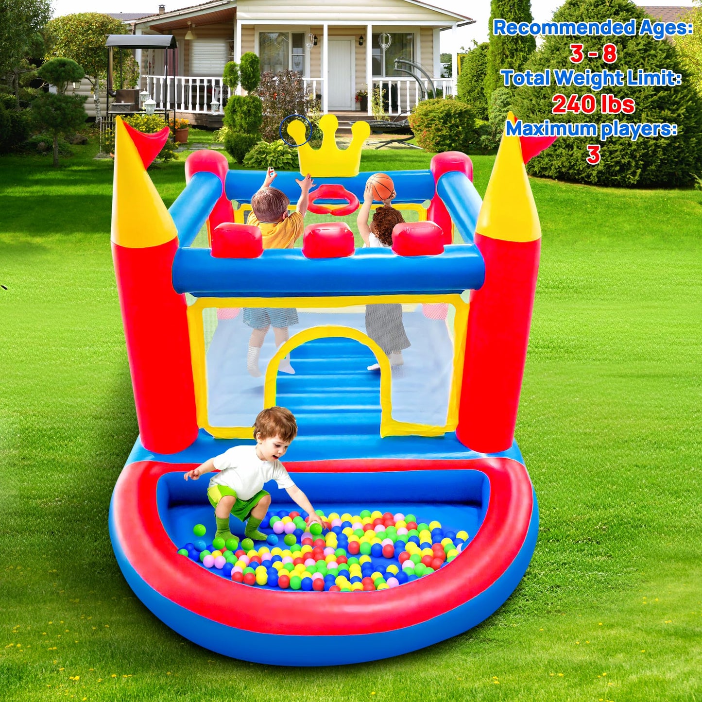 WELLFUNTIME Inflatable Bounce House with Pump — Indoor & Outdoor Kids Bouncer (Ages 3-8)