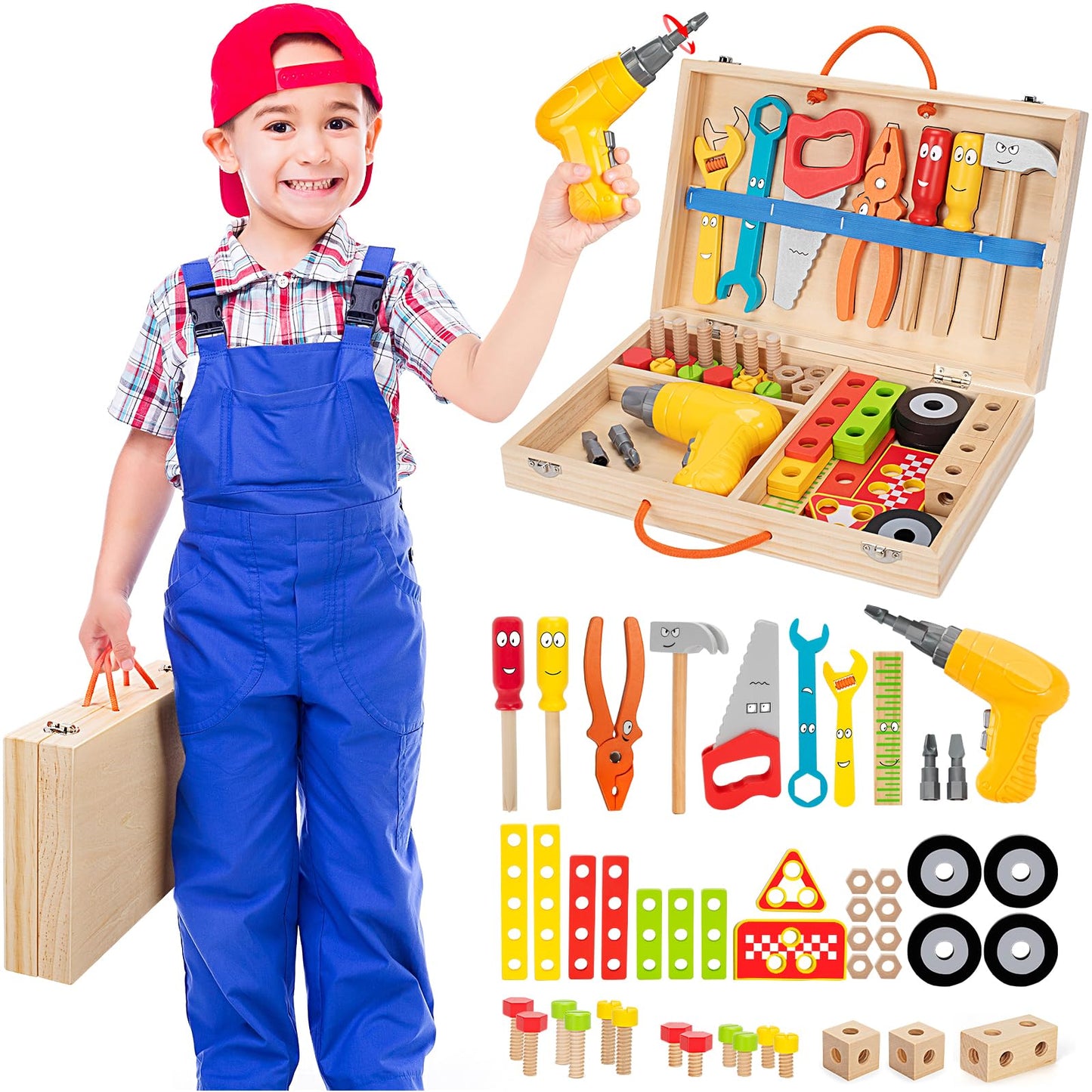 WEMEMORN Kids Tool Set with Electric Drill — 46-Piece Wooden Montessori STEM Toy