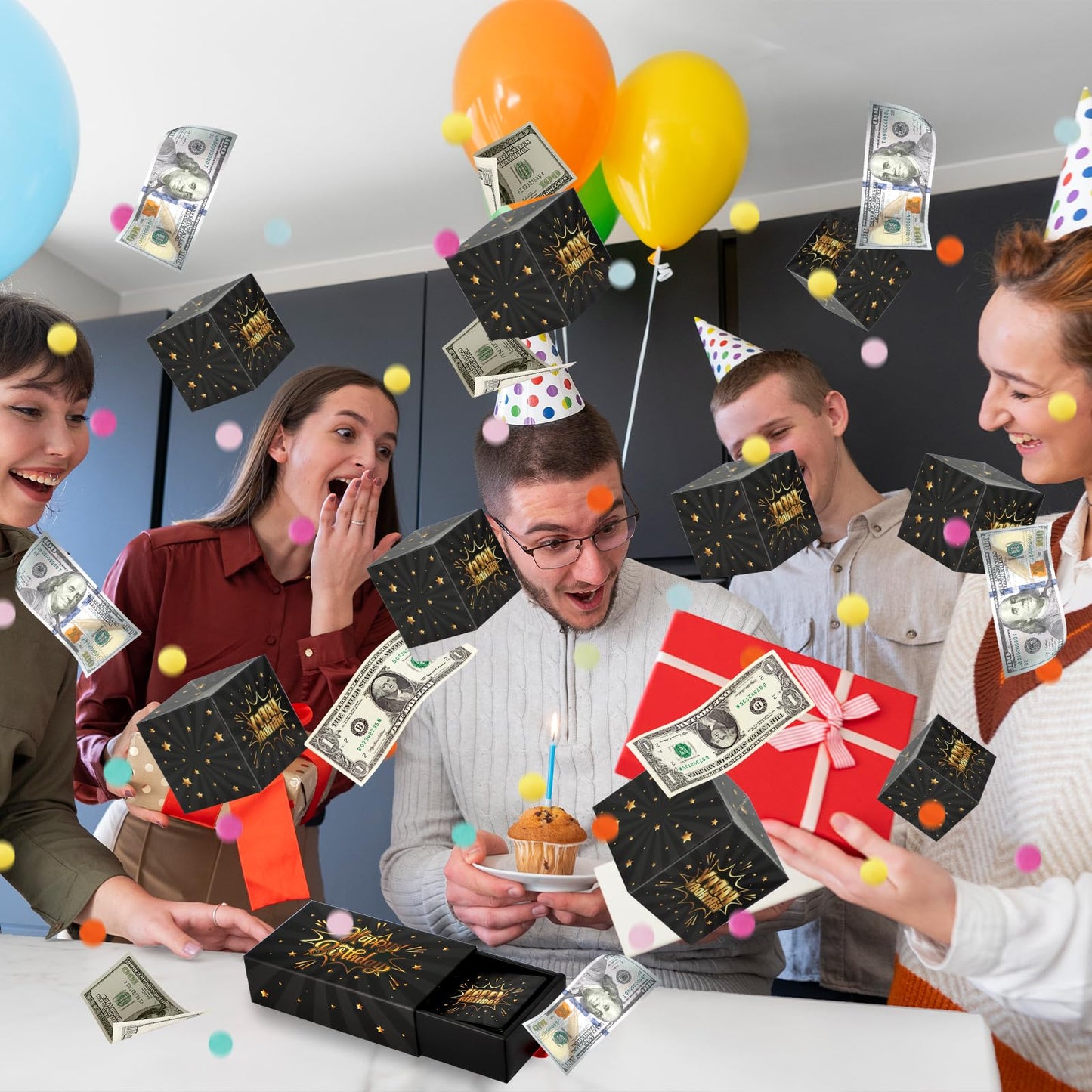 WenmthG Happy Birthday Surprise Gift Box Explosion – DIY Confetti Money Gift Box (Black Gold)