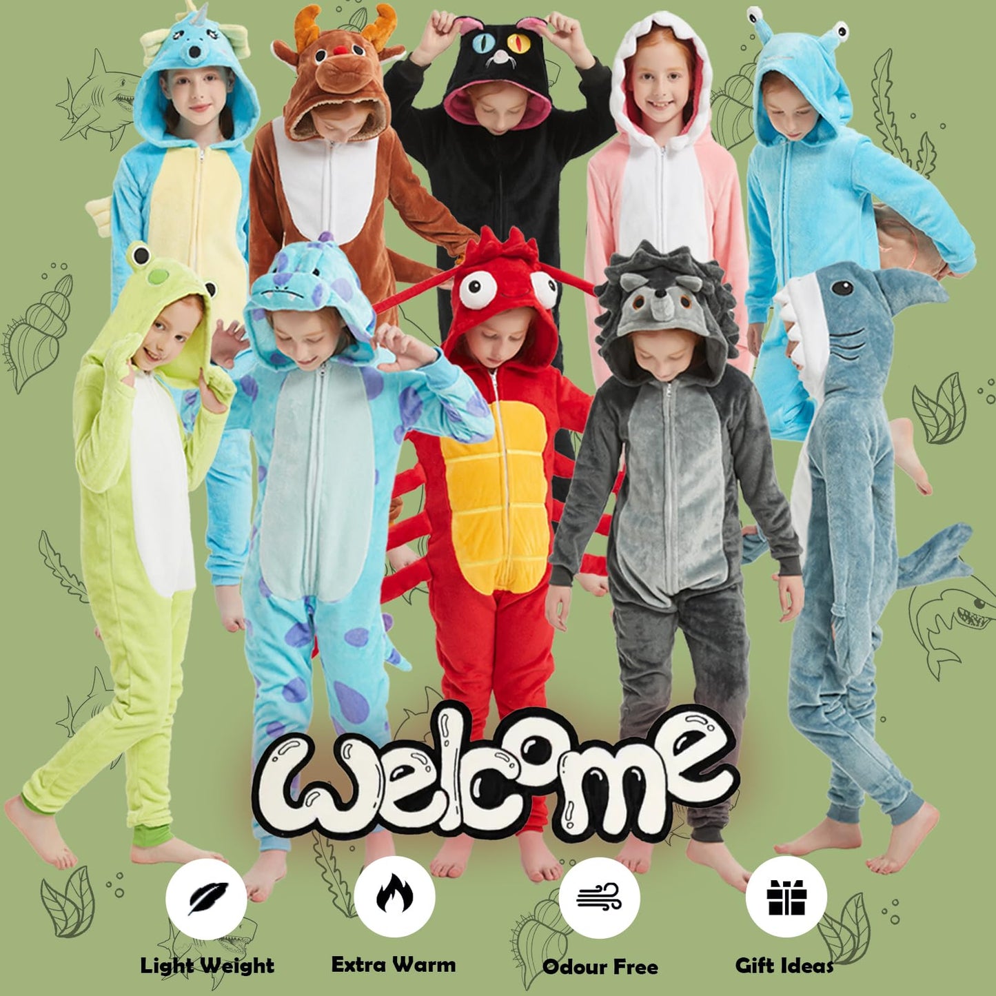 WEQJC Kids Flannel Animal Onesie Costume - Pink Shark, 10 Years | Halloween & Dress-Up