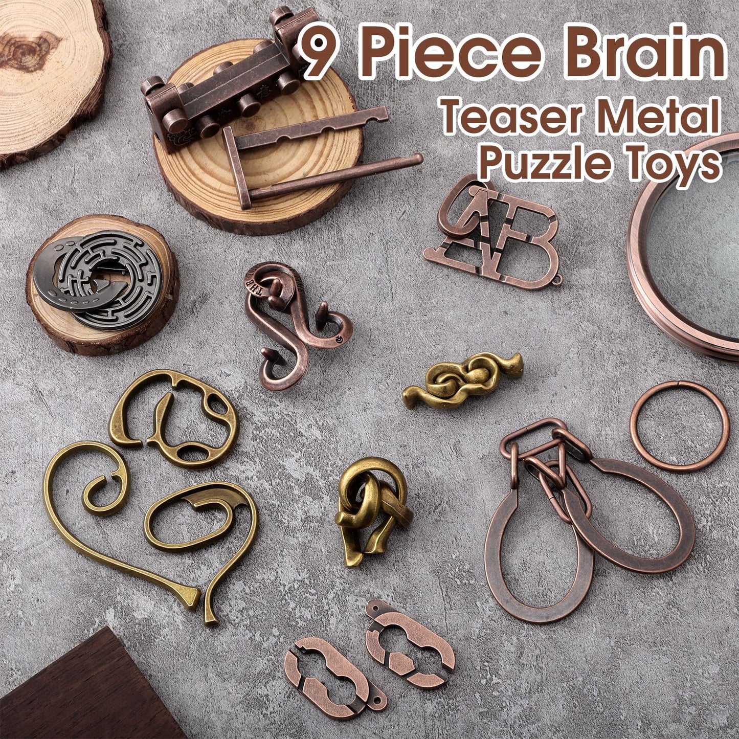 Wettarn 9 Pcs Metal Brain Teasers – Interlocking Steel Puzzles for Adults