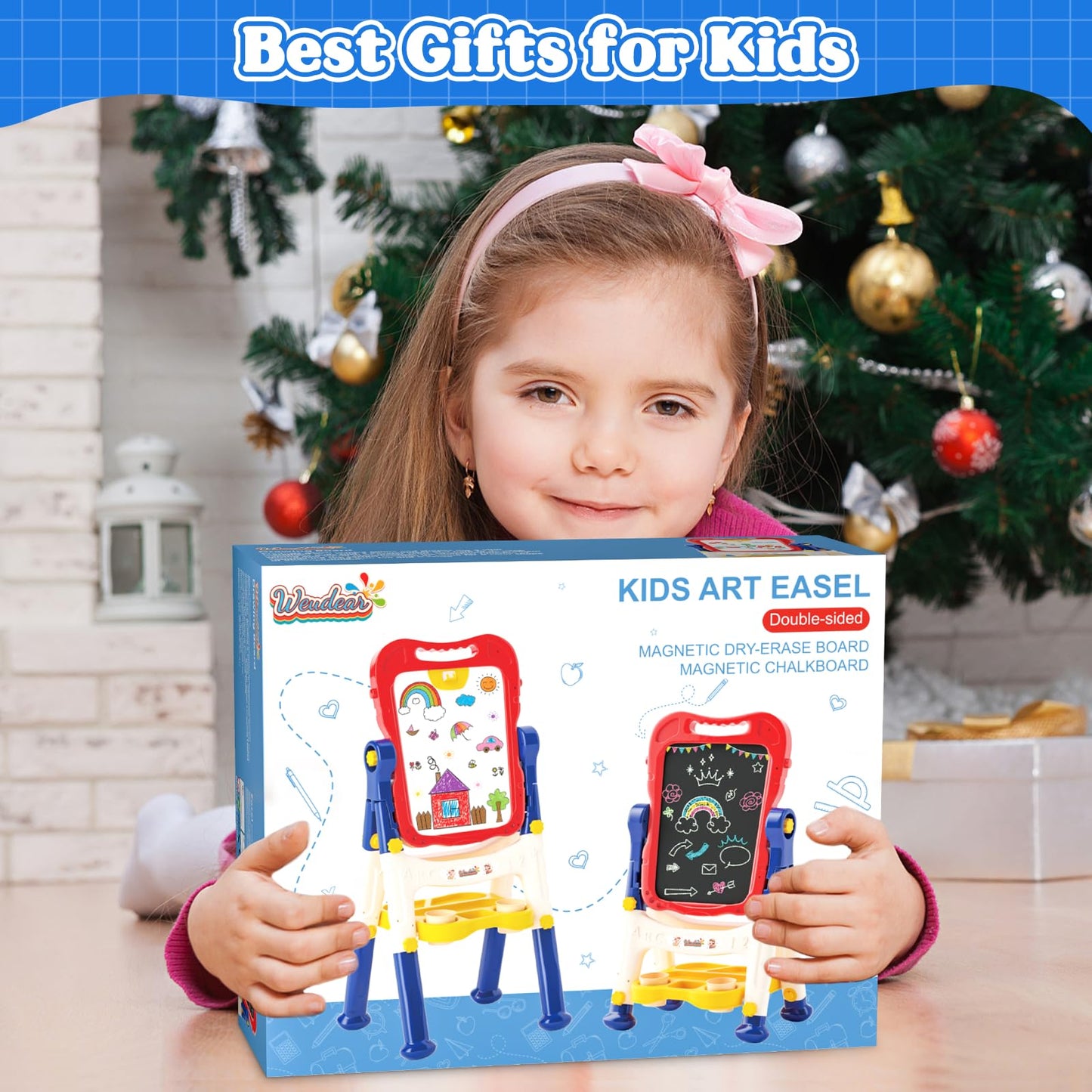 Weudear Easel for Kids – Double-Sided Magnetic Learning Easel with Letters & Chalk Pens