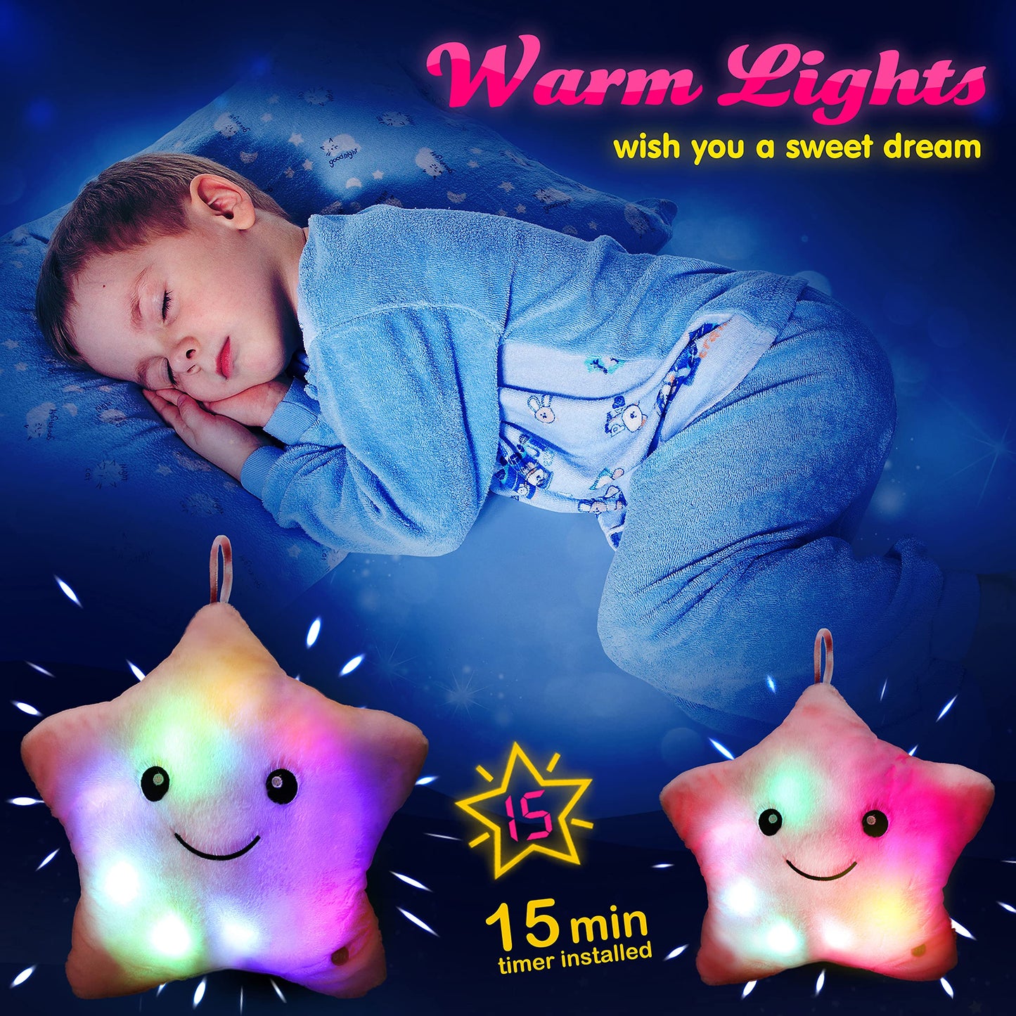 WEWILL 13 inch Twinkle Star LED Night Light Plush Pillow – Soft Glow Toy for Kids