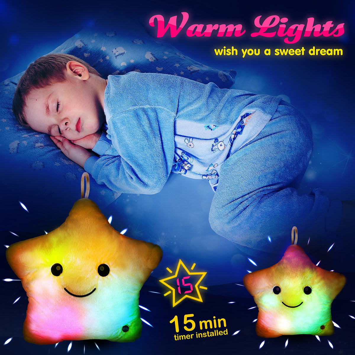 WEWILL 13'' Twinkle Star Glowing LED Night Light Plush Pillow – Safe Color-Changing Toy for Toddlers
