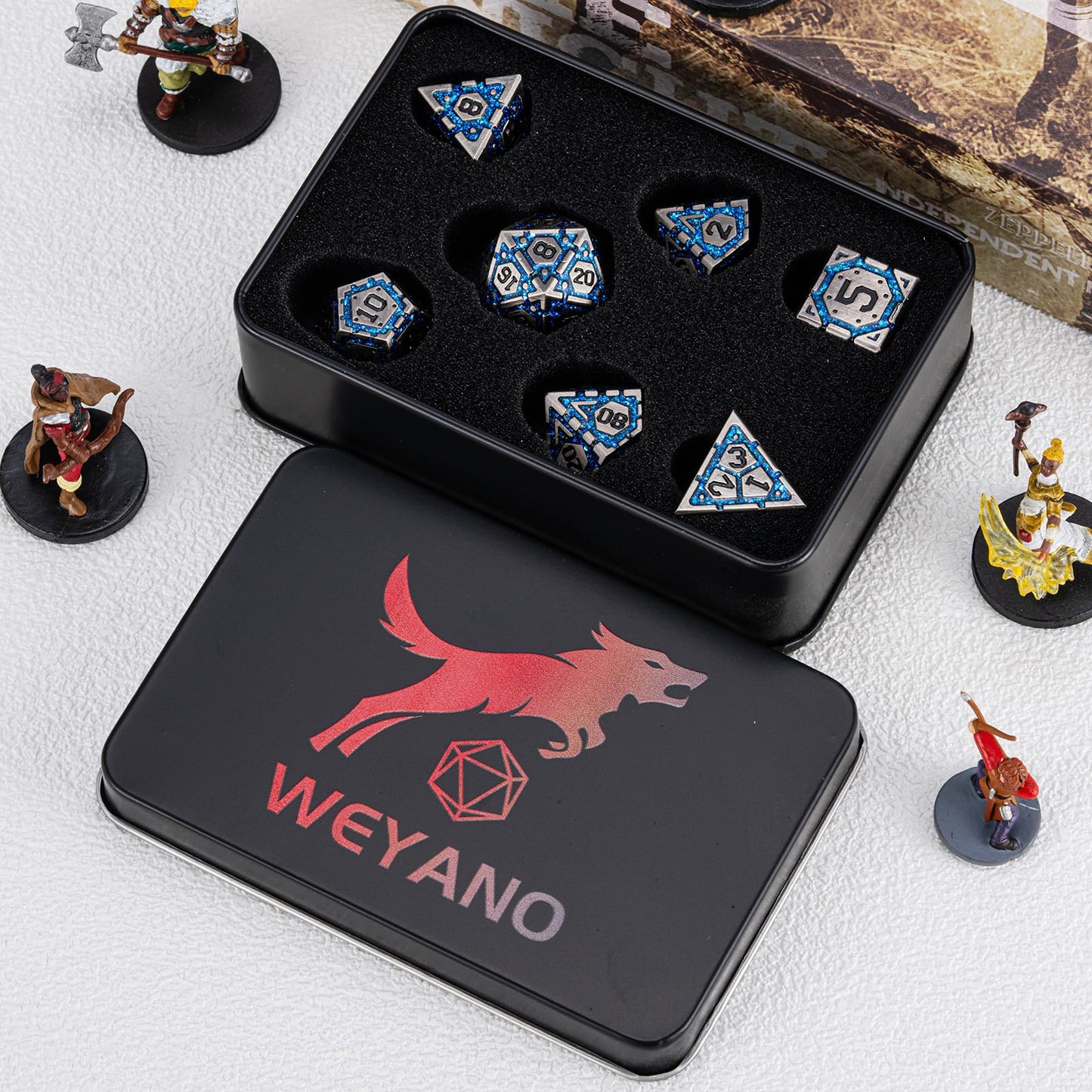 Weyano DND Metal Dice Set – Antique Nickel Blue, 7-Piece Polyhedral Dice with Gift Case