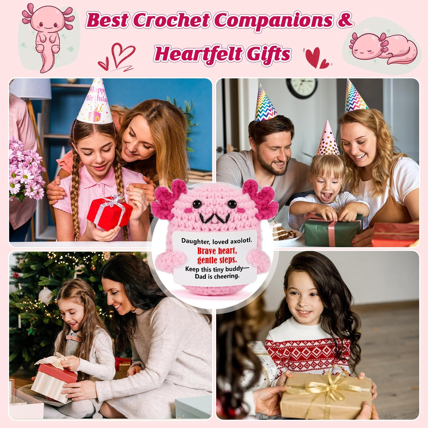 WEYON Daughter Gift Dad – Mini Crochet Axolotl Plush with Message Card | Cozy Desk Decor