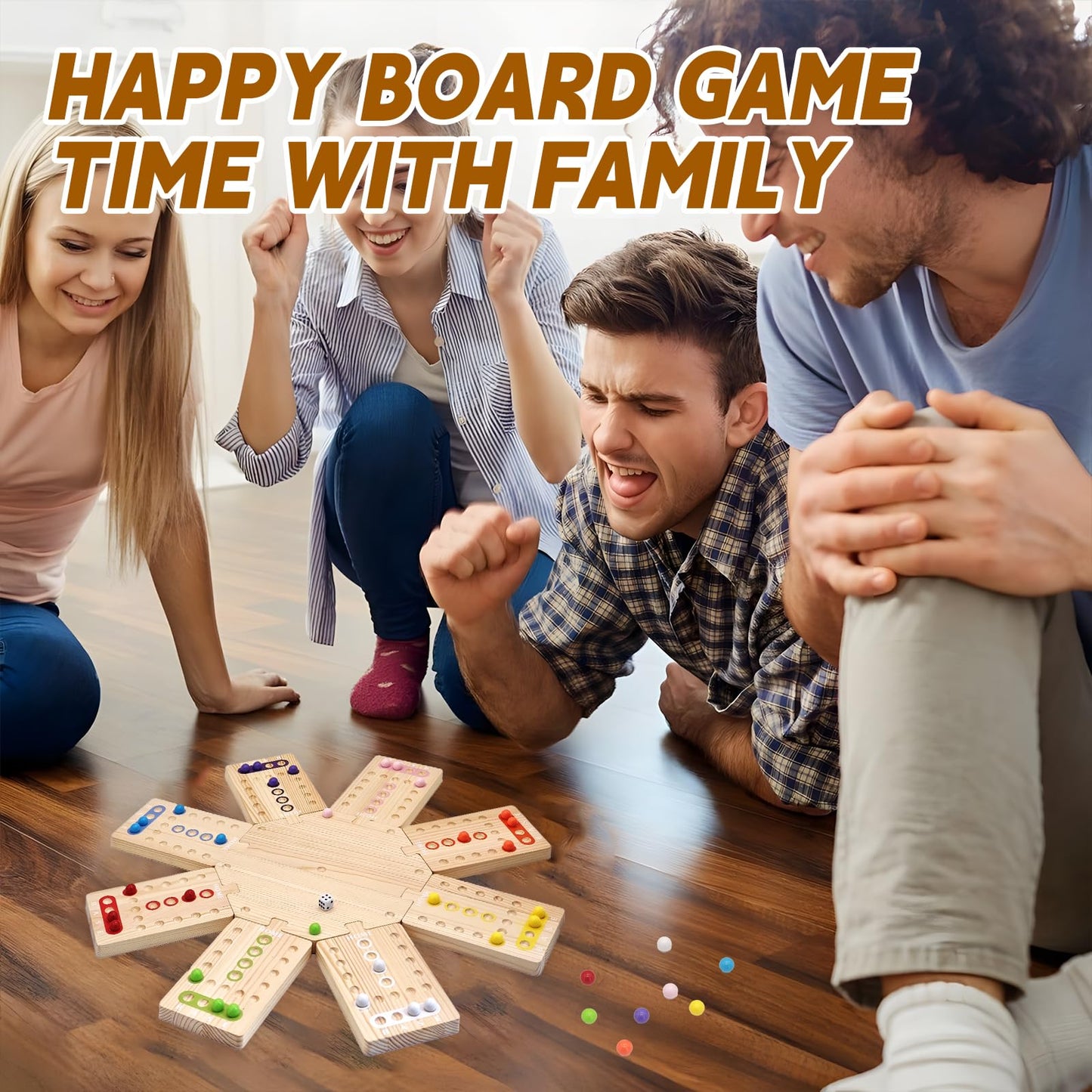 WGYKLRL Wooden Board Game - 2–8 Players, 3 Hubs, 32 Marbles, 16 Dice