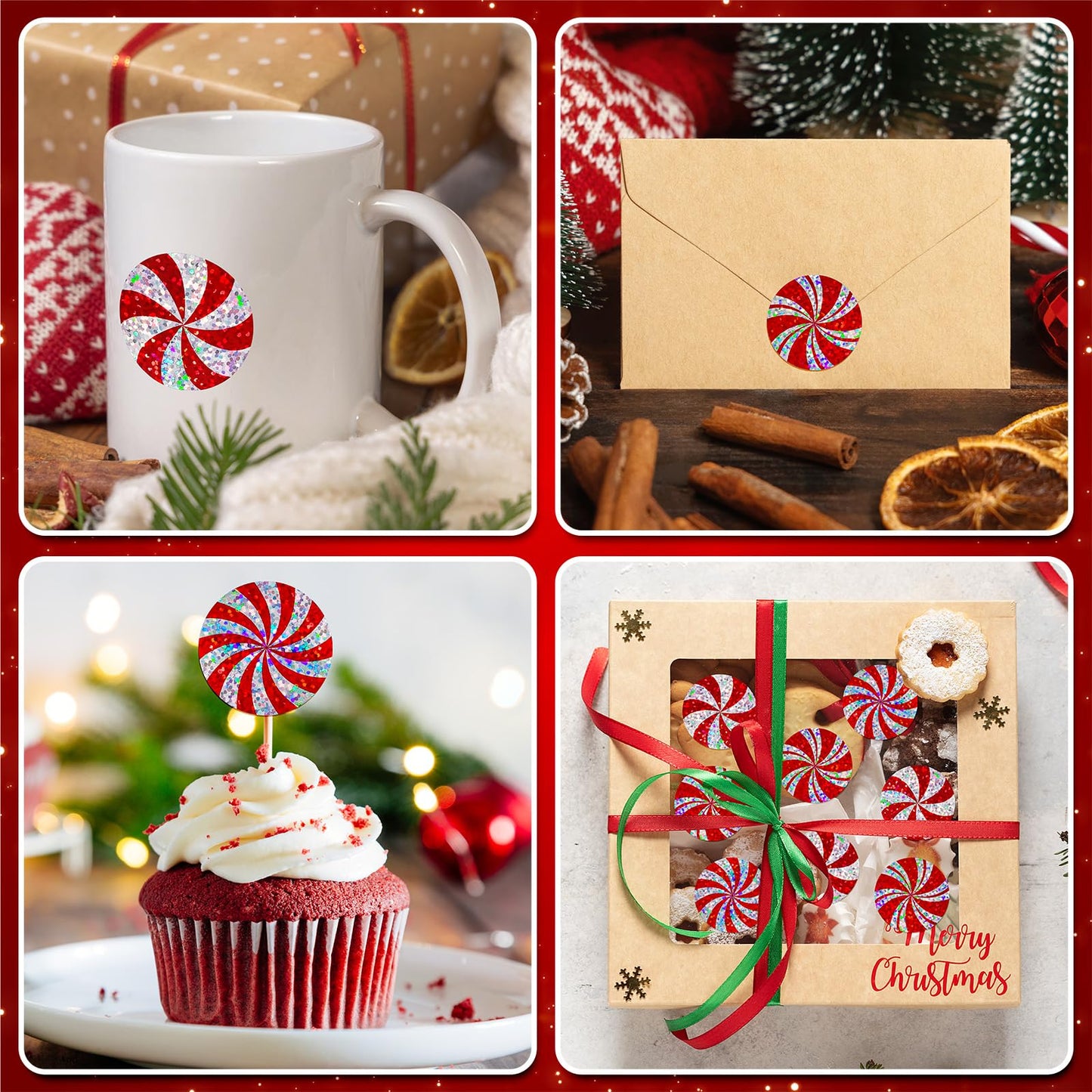 Whaline Christmas Candy Stickers Roll – Holographic Red Peppermint Seals, 500 Pcs