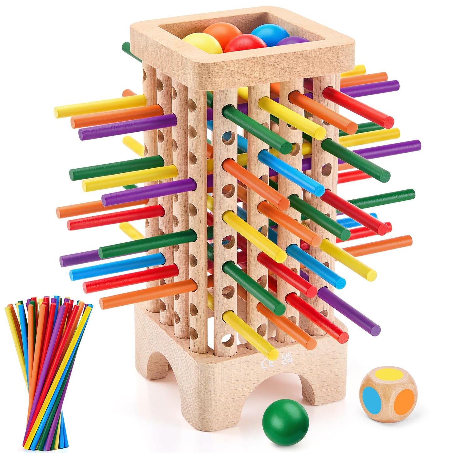 WhimsiPlay Montessori Board Game – Wooden Tower with 42 Colorful Sticks for Ages 3–6